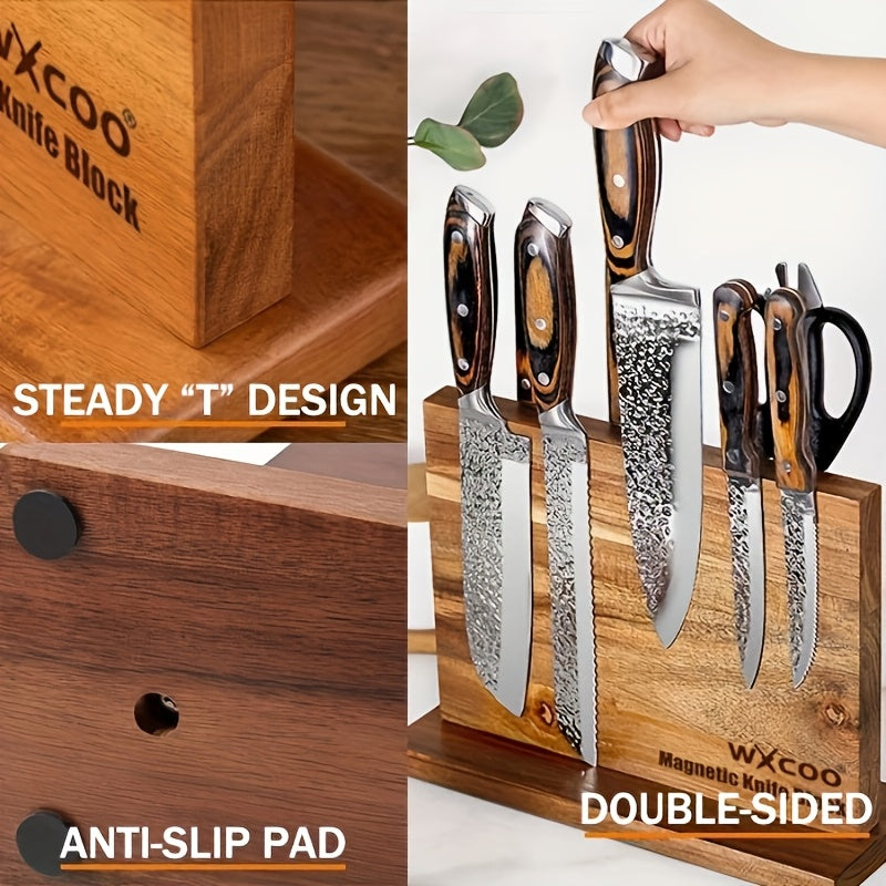 One Piece of a Double-Sided Wooden Knife Block Designed for Kitchen Convenience, Featuring a Magnetic Holder Rack with Strong Enhanced Magnets. This Multifunctional Storage Solution Serves As a Knife Organizer Without The Need for Drilling