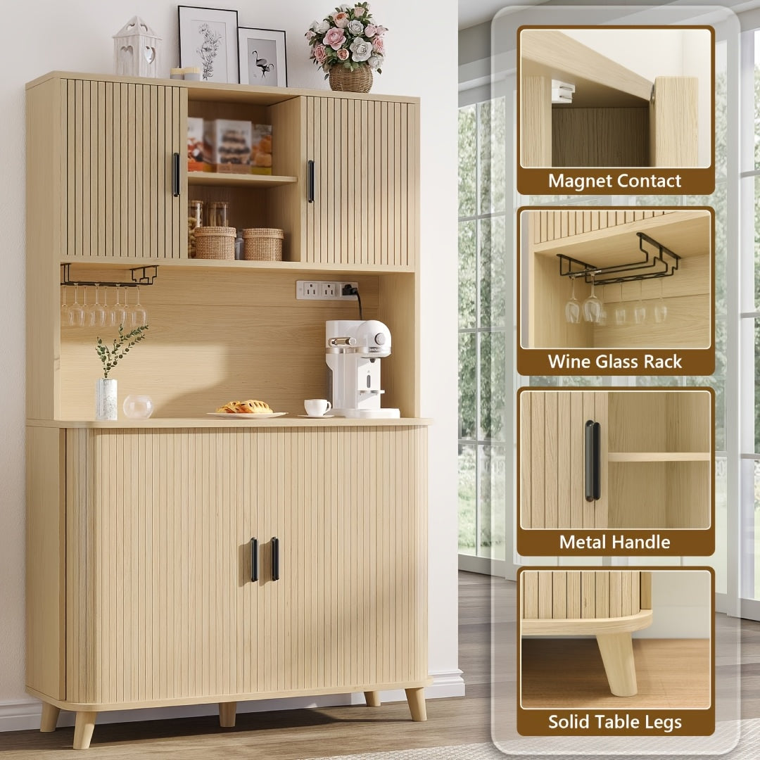 71'' Modern Kitchen Pantry Cabinet with Sliding Tambour Doors, Built-in Power Outlet & Adjustable Shelves - Heavy-Duty Freestanding Food Storage Cabinet with Wine Rack Suitable for Kitchen, Living Room, Buffet - \u002FMDF, Plug