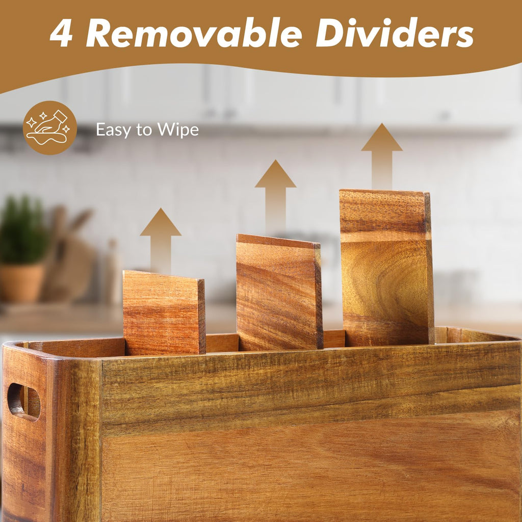 Large Wooden Cutlery Storage Jar | Kitchen Utensil Holder Organizer for Counter or Countertop, 4 Compartment Rustic Wood Container Extra Large