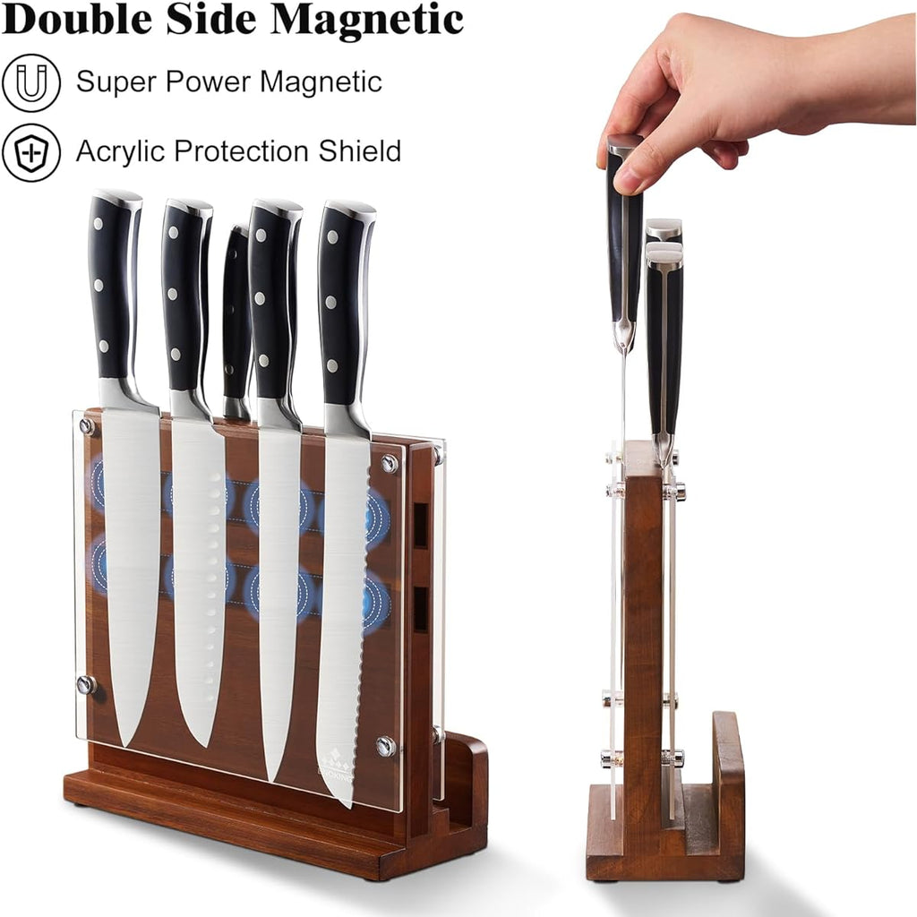 ENOKING Magnetic Knife Block with Acrylic Shield & Acacia Wood - Double-Sided Knife Holder, Magnetic Storage Organizer for Chef,, Steak Knives - Knife Block for Counter\u002FDrawer (No Installation) - Wood Knife