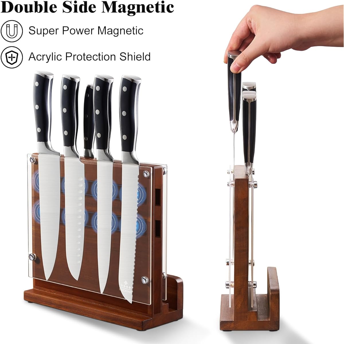 ENOKING Magnetic Knife Block with Acrylic Shield & Acacia Wood - Double-Sided Knife Holder, Magnetic Storage Organizer for Chef,, Steak Knives - Knife Block for Counter\u002FDrawer (No Installation) - Wood Knife