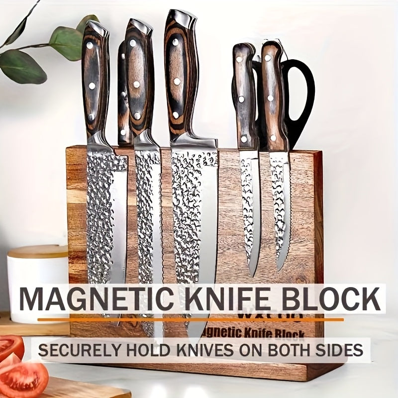 One Piece of a Double-Sided Wooden Knife Block Designed for Kitchen Convenience, Featuring a Magnetic Holder Rack with Strong Enhanced Magnets. This Multifunctional Storage Solution Serves As a Knife Organizer Without The Need for Drilling