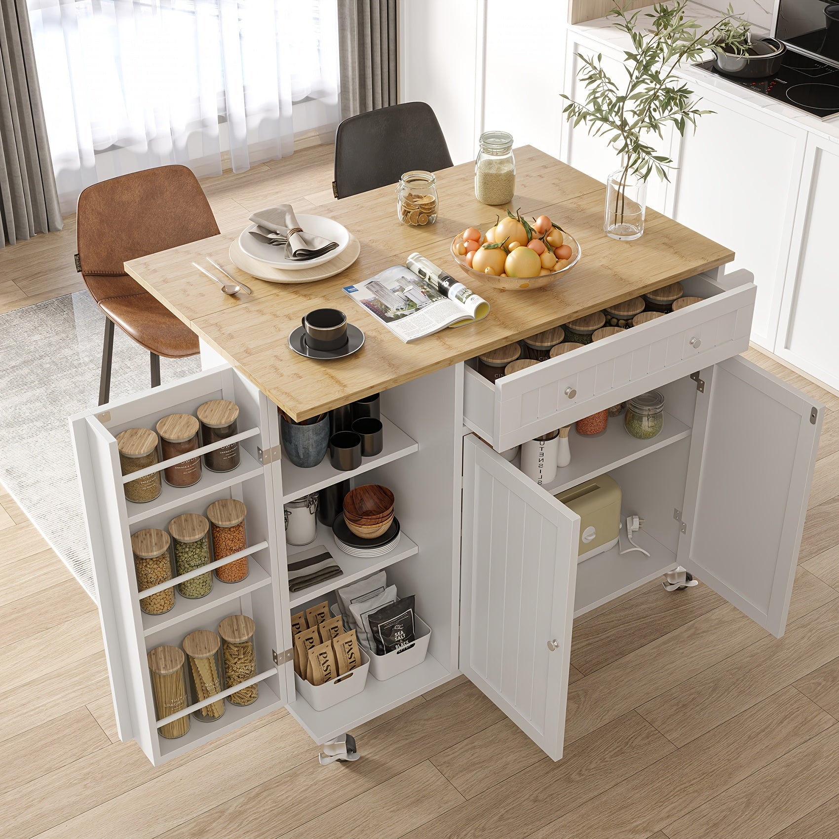 Modern Mobile Kitchen Island Cart with Drop Leaf Table, Storage Cabinet & Doors, Spice Rack, Drawer, Towel Rack - Rolling Cabinet on Wheels, Space-Saving Buffet Sideboard for Small Kitchens, Dining Room, Parties - Durable Non-Wood Design