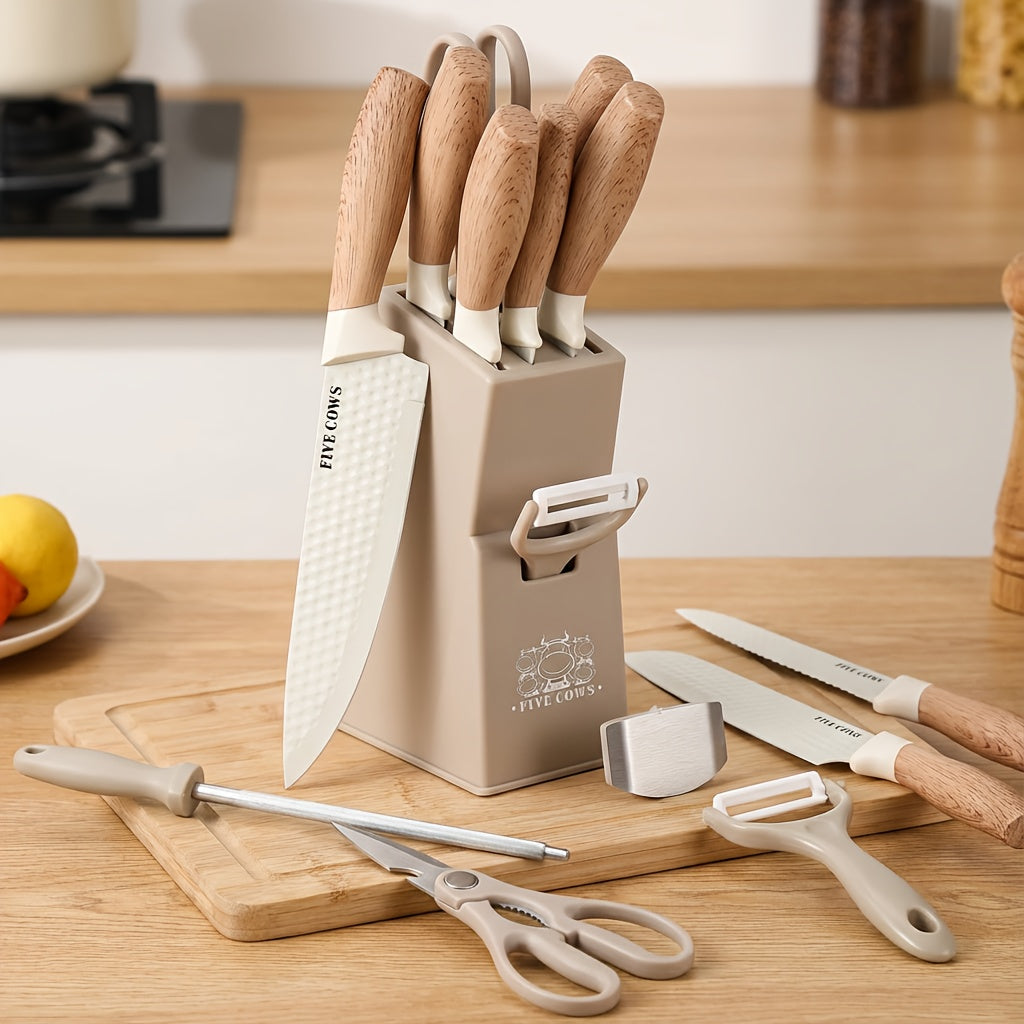 10pcs Knife Block Set with Sharpening Steel& Peeler- Chef& Bread Knives, Finger Guard| High-Carbon Stainless Steel, Dishwasher Safe| Perfect Christmas Gift for Home Chefs