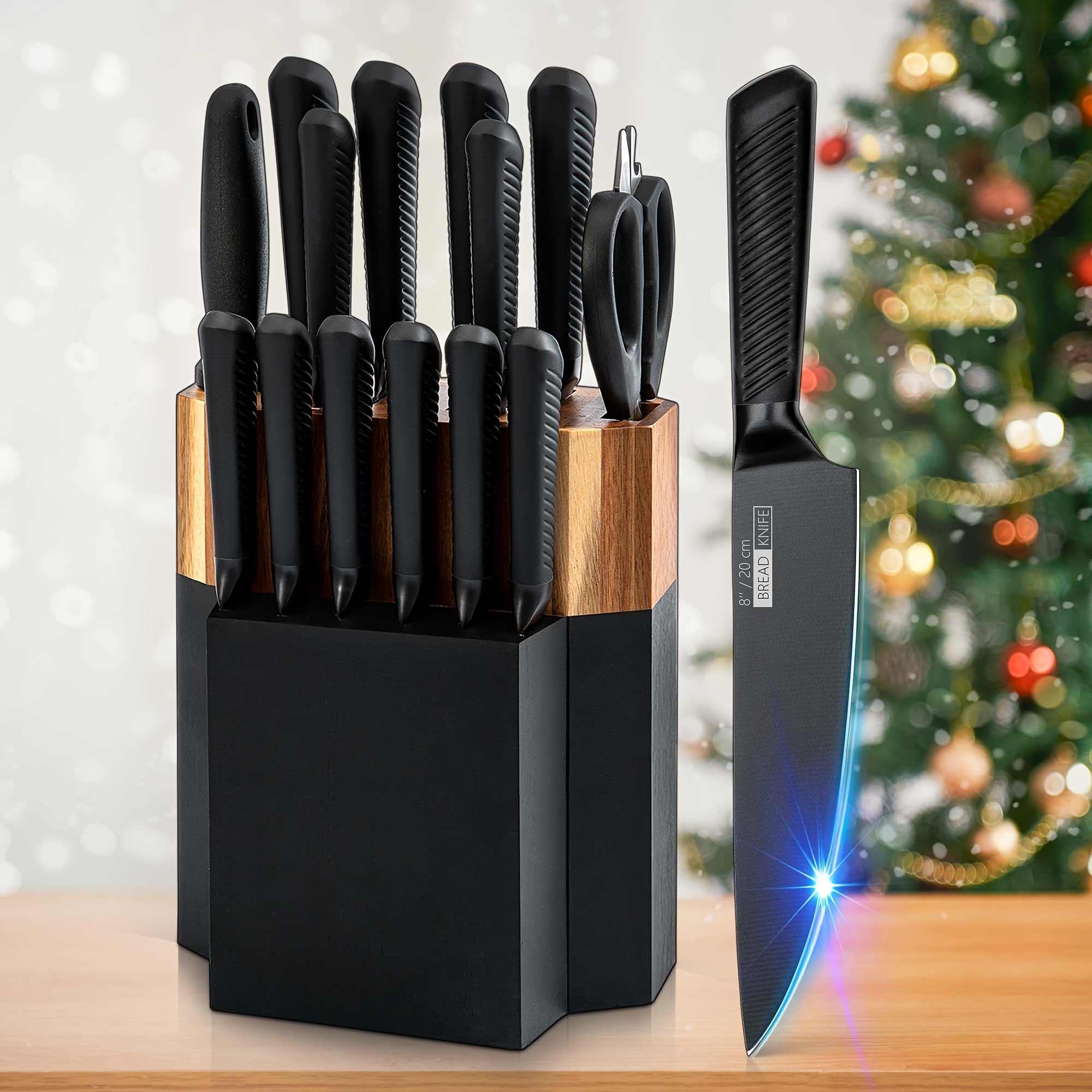 15pcs Professional Knife Collection for The Kitchen, Featuring Ultra-Sharp Blades And a Wooden Storage Block, Including a Chef'S Knife with a Sharpener, Medium Carbon Stainless Steel Hammered Knives, Steak Knives, And an Ideal Gift for Family.