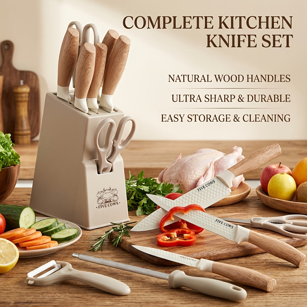 10pcs Knife Block Set with Sharpening Steel& Peeler- Chef& Bread Knives, Finger Guard| High-Carbon Stainless Steel, Dishwasher Safe| Perfect Christmas Gift for Home Chefs