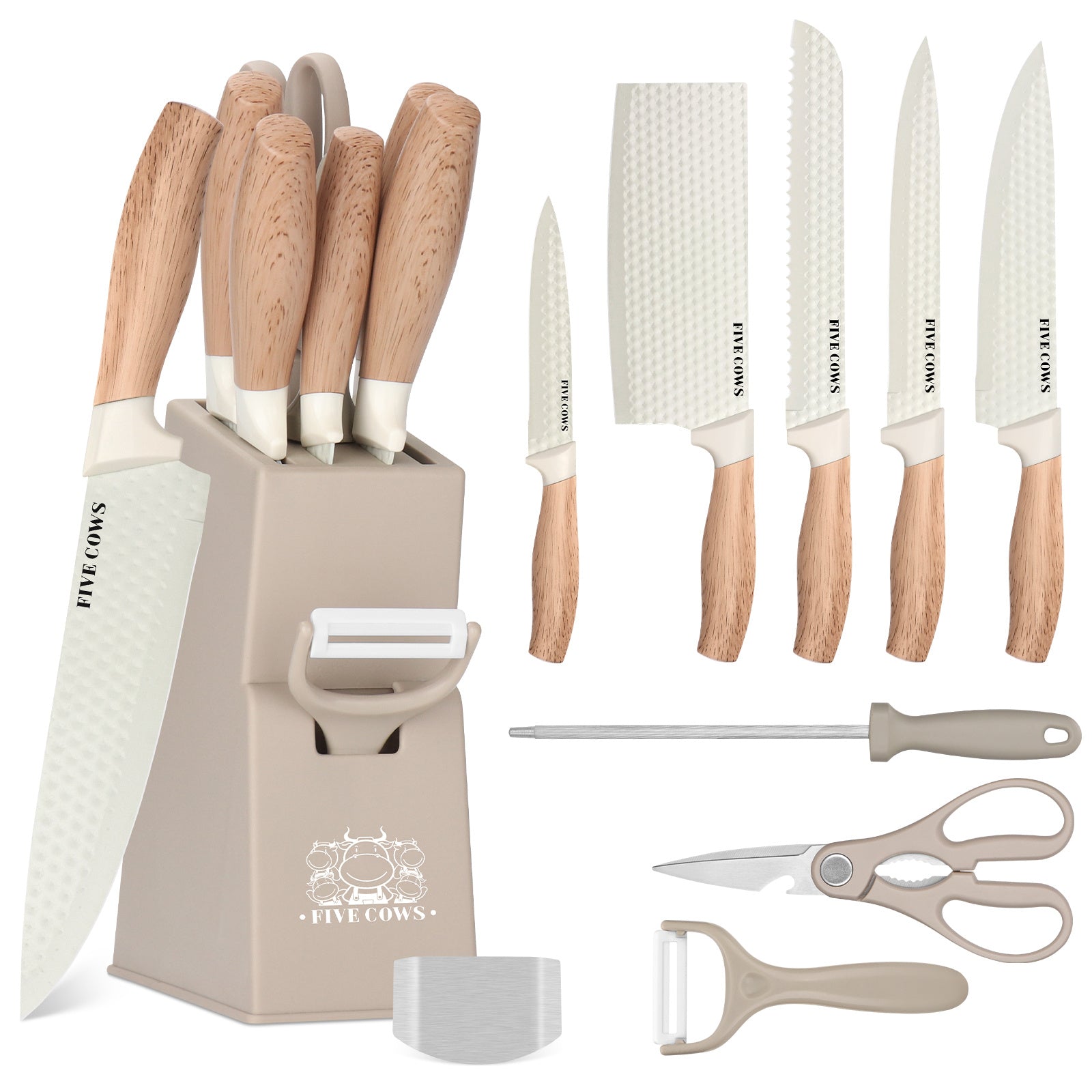 10pcs Knife Block Set with Sharpening Steel& Peeler- Chef& Bread Knives, Finger Guard| High-Carbon Stainless Steel, Dishwasher Safe| Perfect Christmas Gift for Home Chefs
