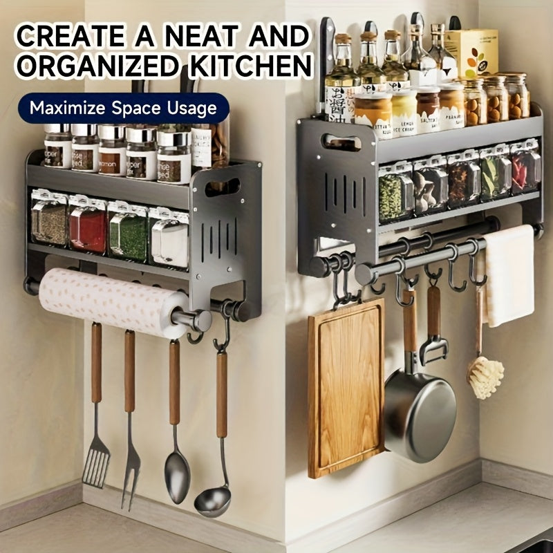 Multi-Functional No-Drill Wall-Mounted Kitchen Spice Rack-No Drilling Required, Includes Spoon Holder And Spice Storage Boxes-Versatile Kitchen Organizer for Home & Cooking Use, Utility Racks