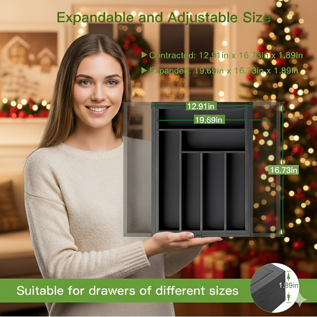 Expandable Bamboo Knife & Tool - Modular Drawer Storage with Adjustable Dividers, Expandable Width (Space-Saving), Odor-Resistant Utensil Tray for Kitchen, Office - Compatible for Knives, Spoons, Pens, Small Items