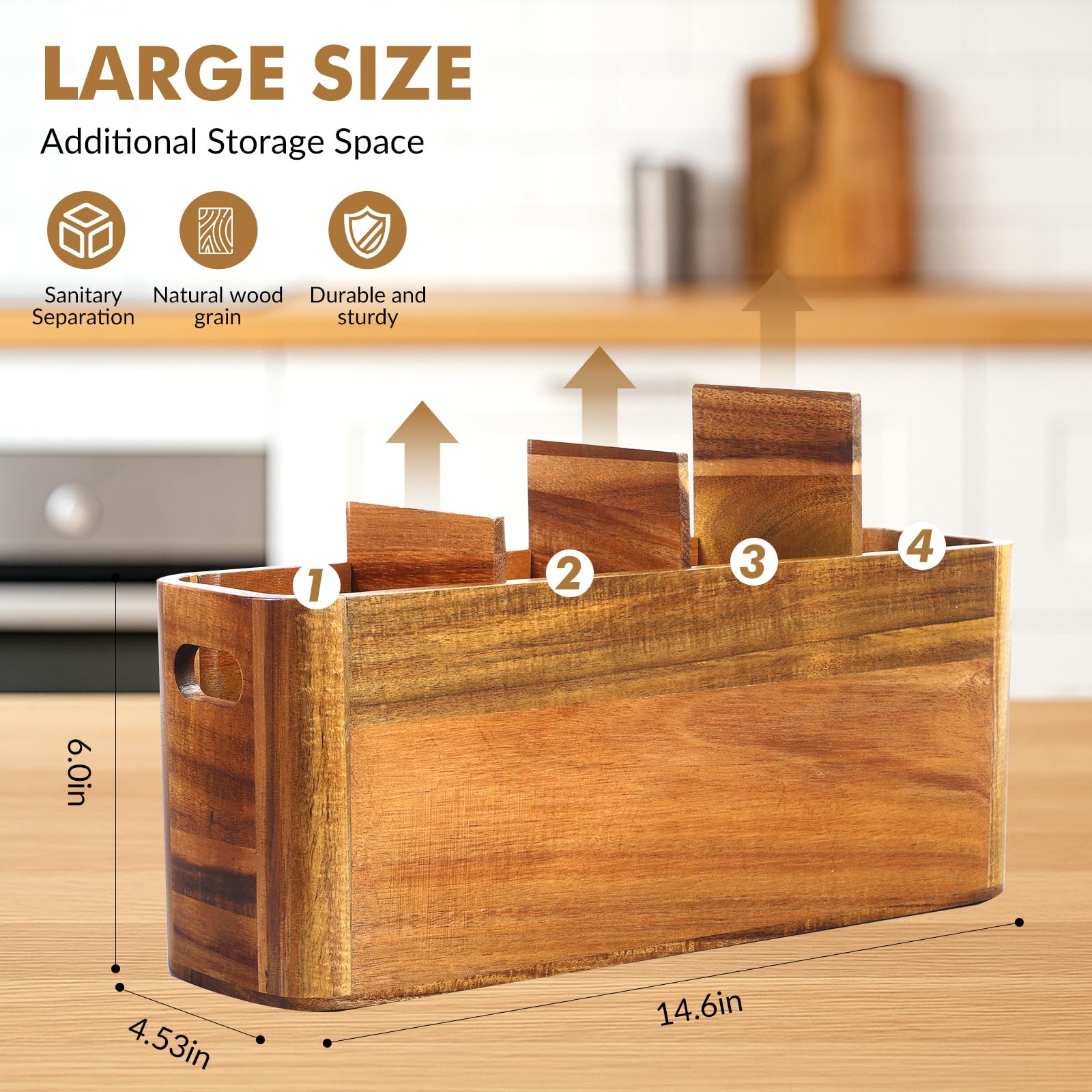 Large Wooden Cutlery Storage Jar | Kitchen Utensil Holder Organizer for Counter or Countertop, 4 Compartment Rustic Wood Container Extra Large
