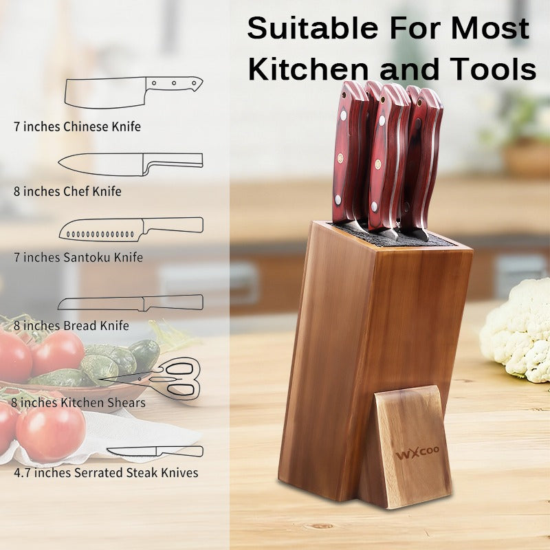 1pc Heavy-Duty Acacia Wood Knife Block with Removable Plastic Bristle & Non-Slip Base - Upright Knife Holder, Storage Stand, Natural Wood Grain Knife Organizer Suitable for Kitchen Countertop