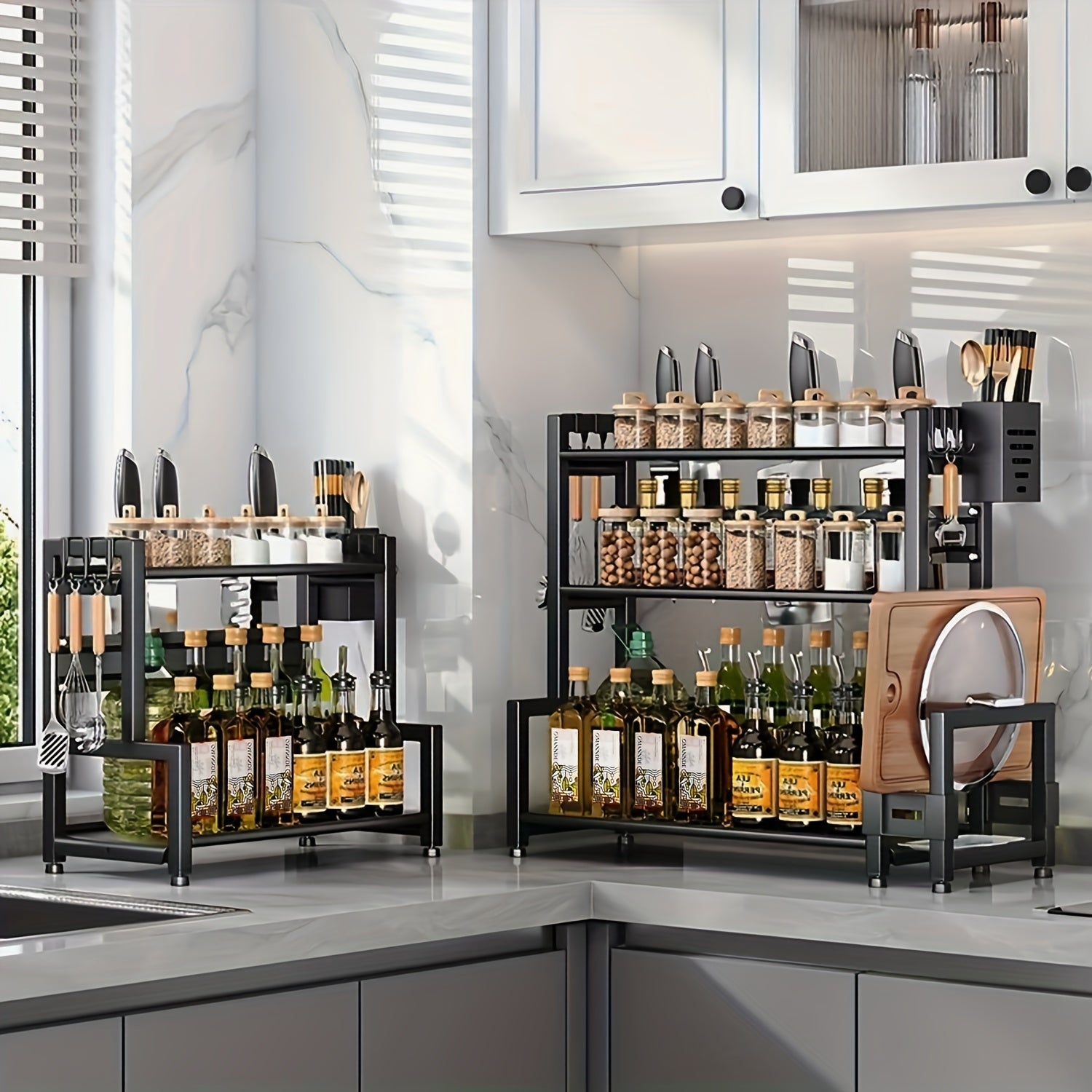 Multifunctional Metal Kitchen Storage Rack, Space-saving Kitchen Organizer with Cutting Board Holder for Storing Spices, Condiments and Chopping Knives, Easy to Assemble and Clean