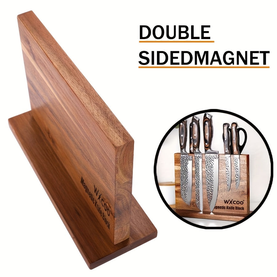 One Piece of a Double-Sided Wooden Knife Block Designed for Kitchen Convenience, Featuring a Magnetic Holder Rack with Strong Enhanced Magnets. This Multifunctional Storage Solution Serves As a Knife Organizer Without The Need for Drilling