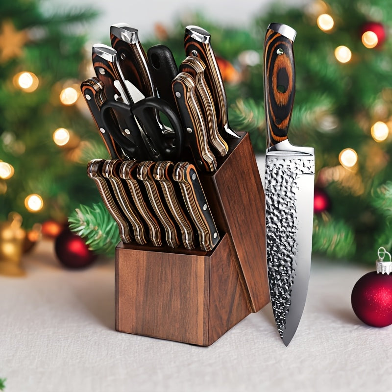 15pcs Professional Knife Collection for The Kitchen, Featuring Ultra-Sharp Blades And a Wooden Storage Block, Including a Chef'S Knife with a Sharpener, Medium Carbon Stainless Steel Hammered Knives, Steak Knives, And an Ideal Gift for Family.