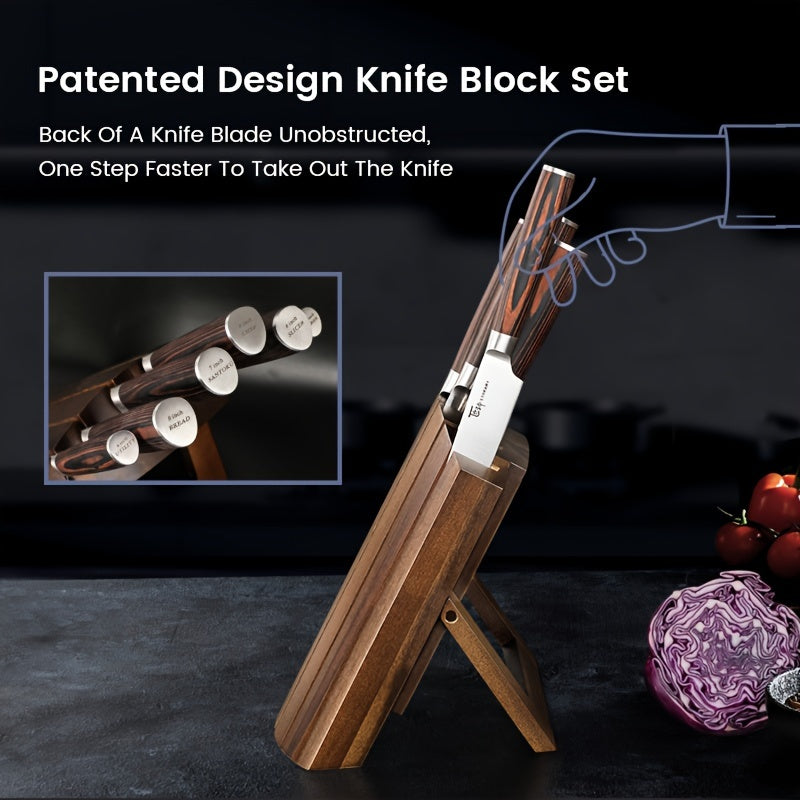 7pcs Japanese Style Kitchen Knife Block Set with Collapsible Block-Drawer or Countertop Organizer, Ultra Sharp High Carbon Steel Cutting Knives with Wood Handle, House Warming Gift