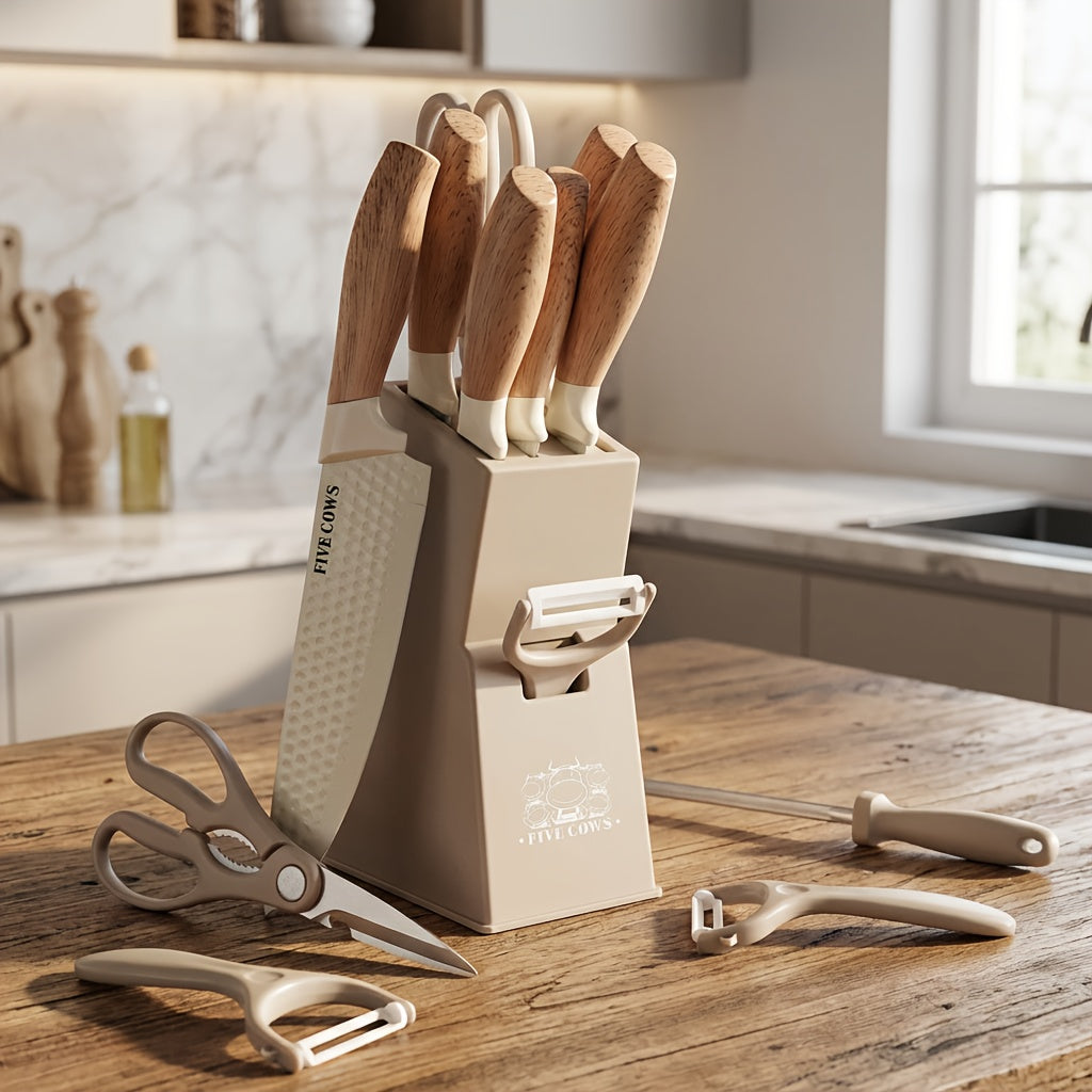 10pcs Knife Block Set with Sharpening Steel& Peeler- Chef& Bread Knives, Finger Guard| High-Carbon Stainless Steel, Dishwasher Safe| Perfect Christmas Gift for Home Chefs