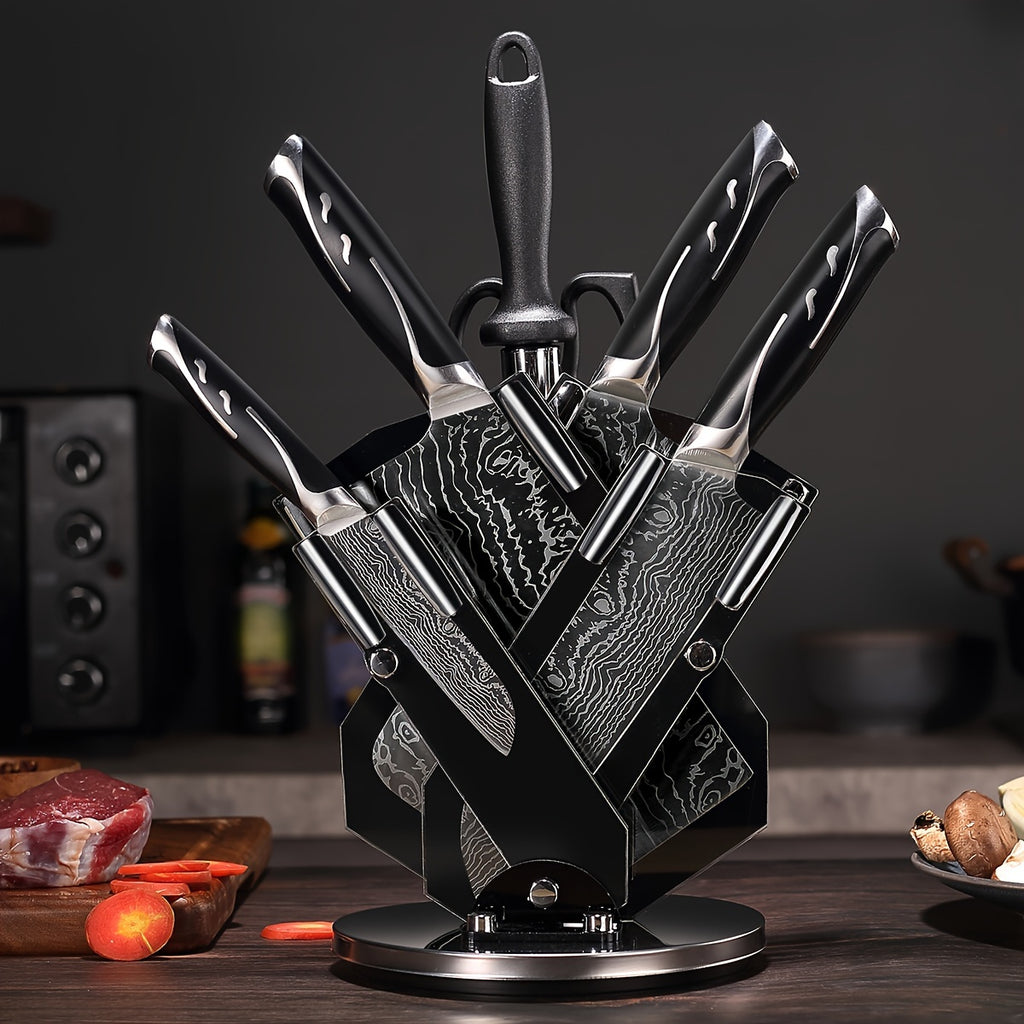 7pcs Damascus Pattern Stainless Steel Kitchen Knife Set with Universal Knife Holder -Chef, Fruit, and Safety Knives Included