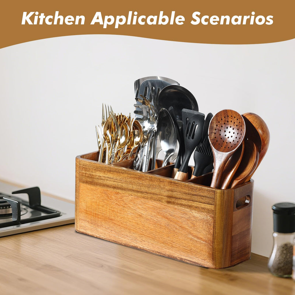 Large Wooden Cutlery Storage Jar | Kitchen Utensil Holder Organizer for Counter or Countertop, 4 Compartment Rustic Wood Container Extra Large