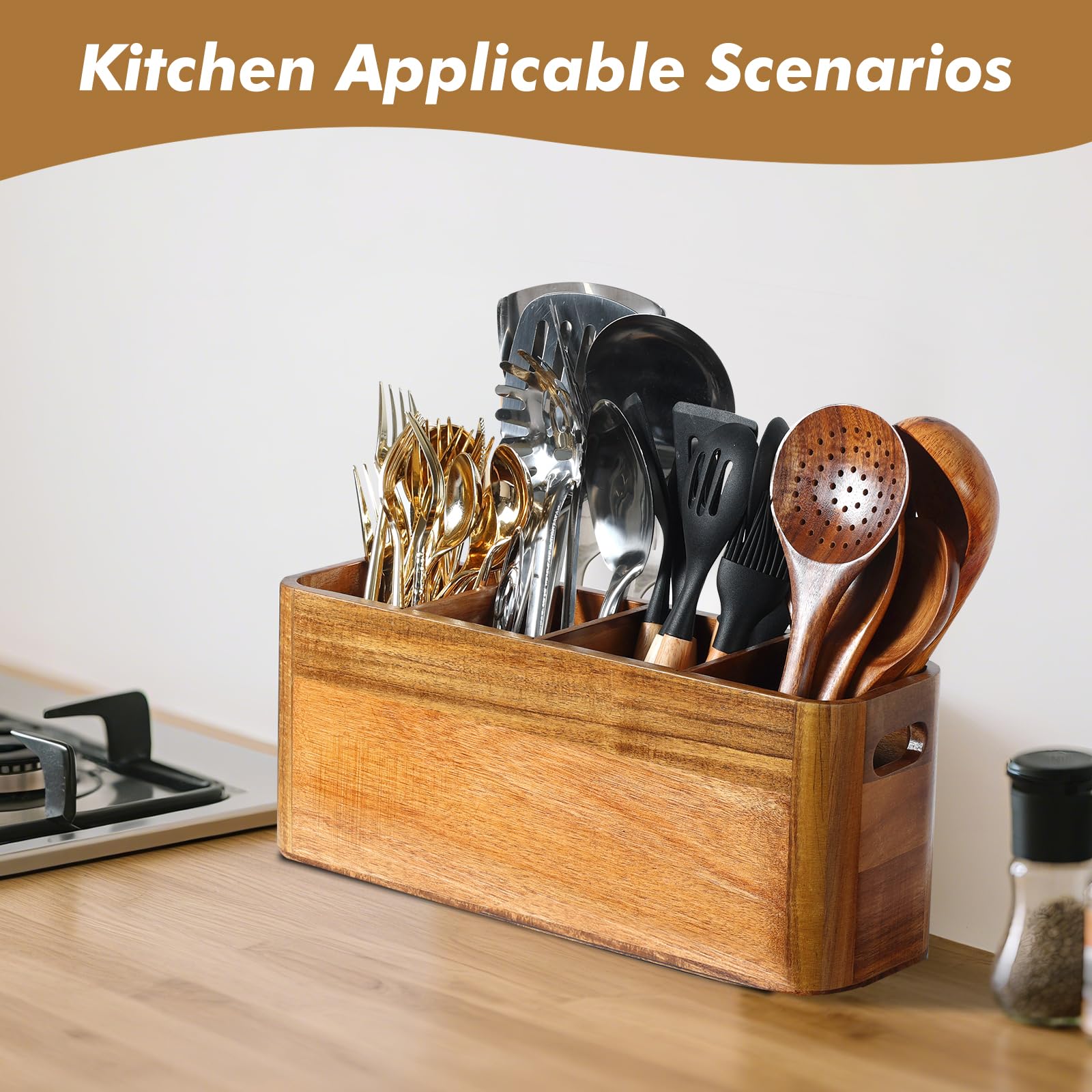 Large Wooden Cutlery Storage Jar | Kitchen Utensil Holder Organizer for Counter or Countertop, 4 Compartment Rustic Wood Container Extra Large