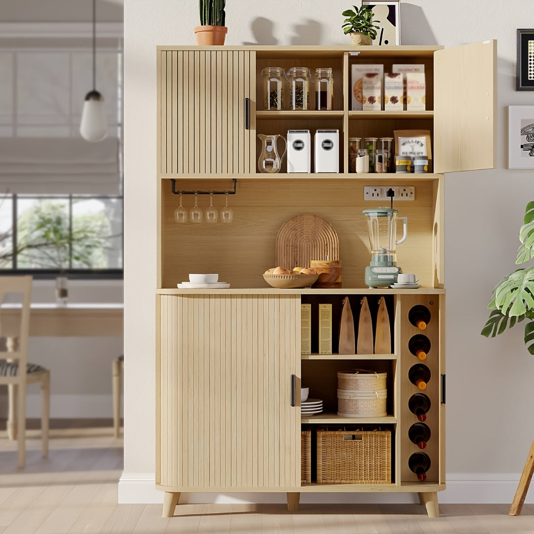 71'' Modern Kitchen Pantry Cabinet with Sliding Tambour Doors, Built-in Power Outlet & Adjustable Shelves - Heavy-Duty Freestanding Food Storage Cabinet with Wine Rack Suitable for Kitchen, Living Room, Buffet - \u002FMDF, Plug