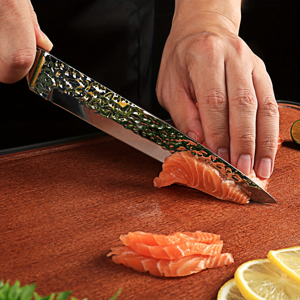 15pcs Professional Knife Collection for The Kitchen, Featuring Ultra-Sharp Blades And a Wooden Storage Block, Including a Chef'S Knife with a Sharpener, Medium Carbon Stainless Steel Hammered Knives, Steak Knives, And an Ideal Gift for Family.