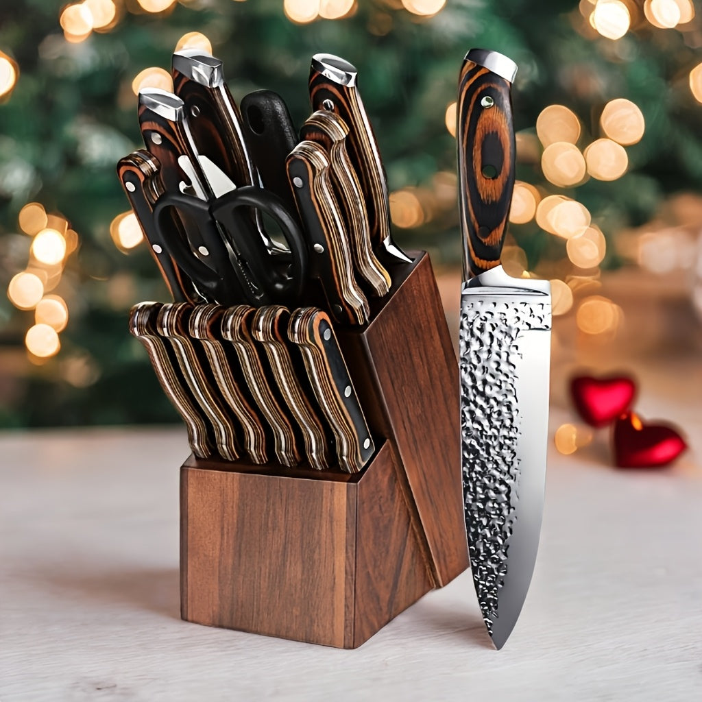 15pcs Professional Knife Collection for The Kitchen, Featuring Ultra-Sharp Blades And a Wooden Storage Block, Including a Chef'S Knife with a Sharpener, Medium Carbon Stainless Steel Hammered Knives, Steak Knives, And an Ideal Gift for Family.