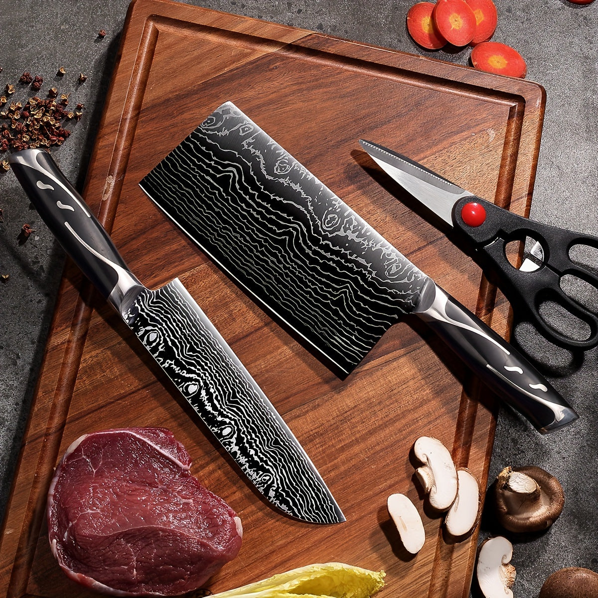 7pcs Damascus Pattern Stainless Steel Kitchen Knife Set with Universal Knife Holder -Chef, Fruit, and Safety Knives Included