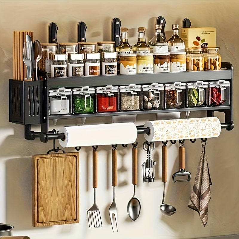 Multi-Functional No-Drill Wall-Mounted Kitchen Spice Rack-No Drilling Required, Includes Spoon Holder And Spice Storage Boxes-Versatile Kitchen Organizer for Home & Cooking Use, Utility Racks