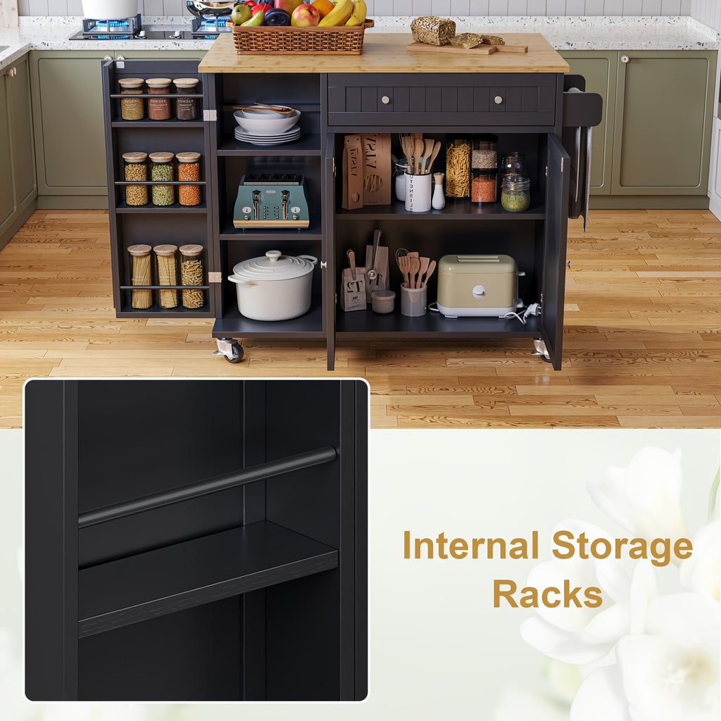 Modern Mobile Kitchen Island Cart with Drop Leaf Table, Storage Cabinet & Doors, Spice Rack, Drawer, Towel Rack - Rolling Cabinet on Wheels, Space-Saving Buffet Sideboard for Small Kitchens, Dining Room, Parties - Durable Non-Wood Design