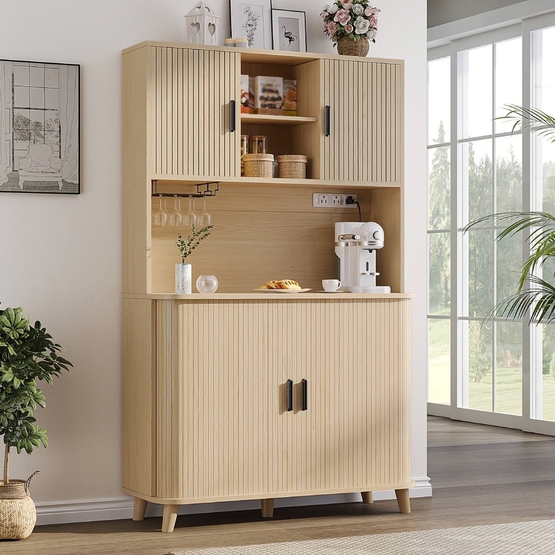 71'' Modern Kitchen Pantry Cabinet with Sliding Tambour Doors, Built-in Power Outlet & Adjustable Shelves - Heavy-Duty Freestanding Food Storage Cabinet with Wine Rack Suitable for Kitchen, Living Room, Buffet - \u002FMDF, Plug