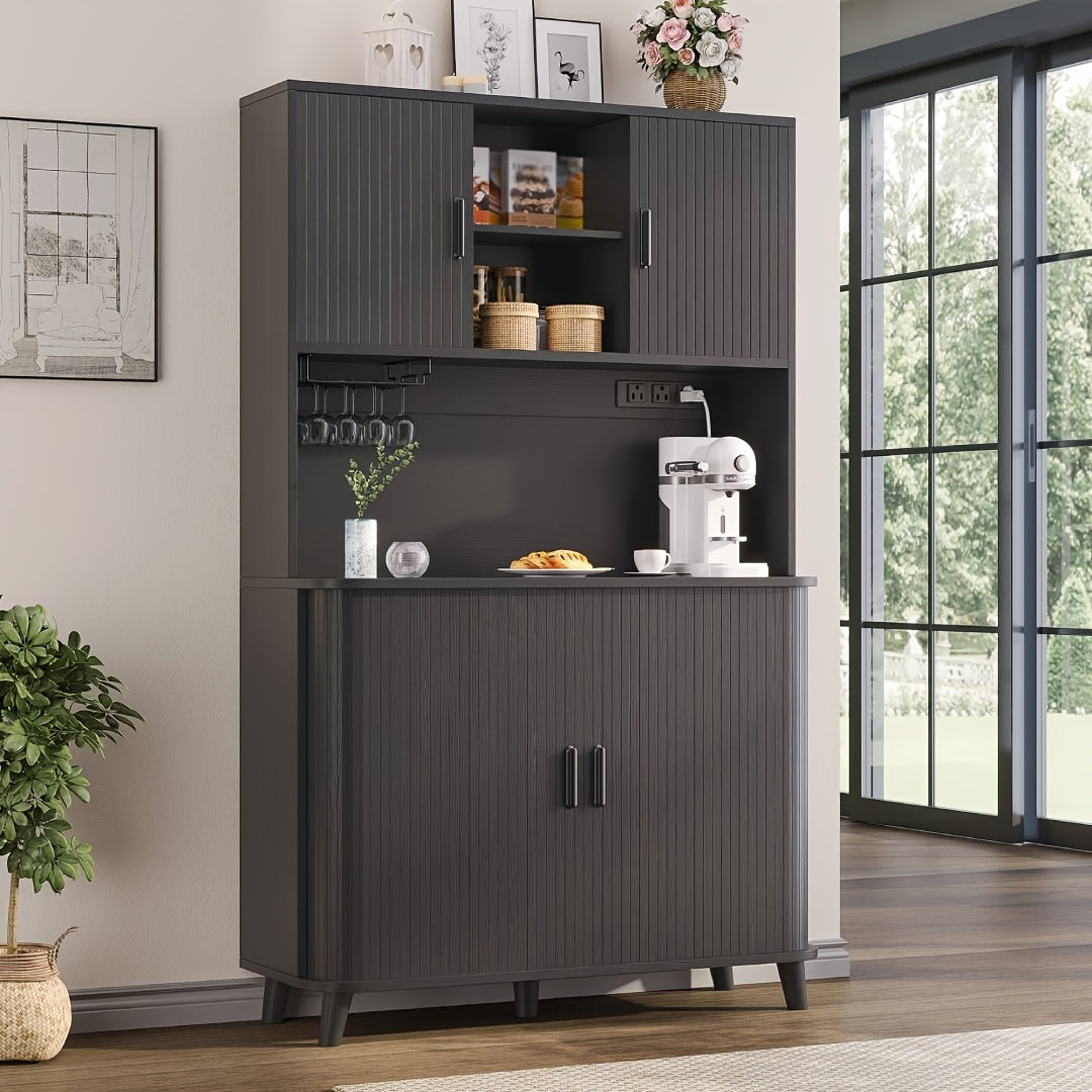 71'' Modern Kitchen Pantry Cabinet with Sliding Tambour Doors, Built-in Power Outlet & Adjustable Shelves - Heavy-Duty Freestanding Food Storage Cabinet with Wine Rack Suitable for Kitchen, Living Room, Buffet - \u002FMDF, Plug