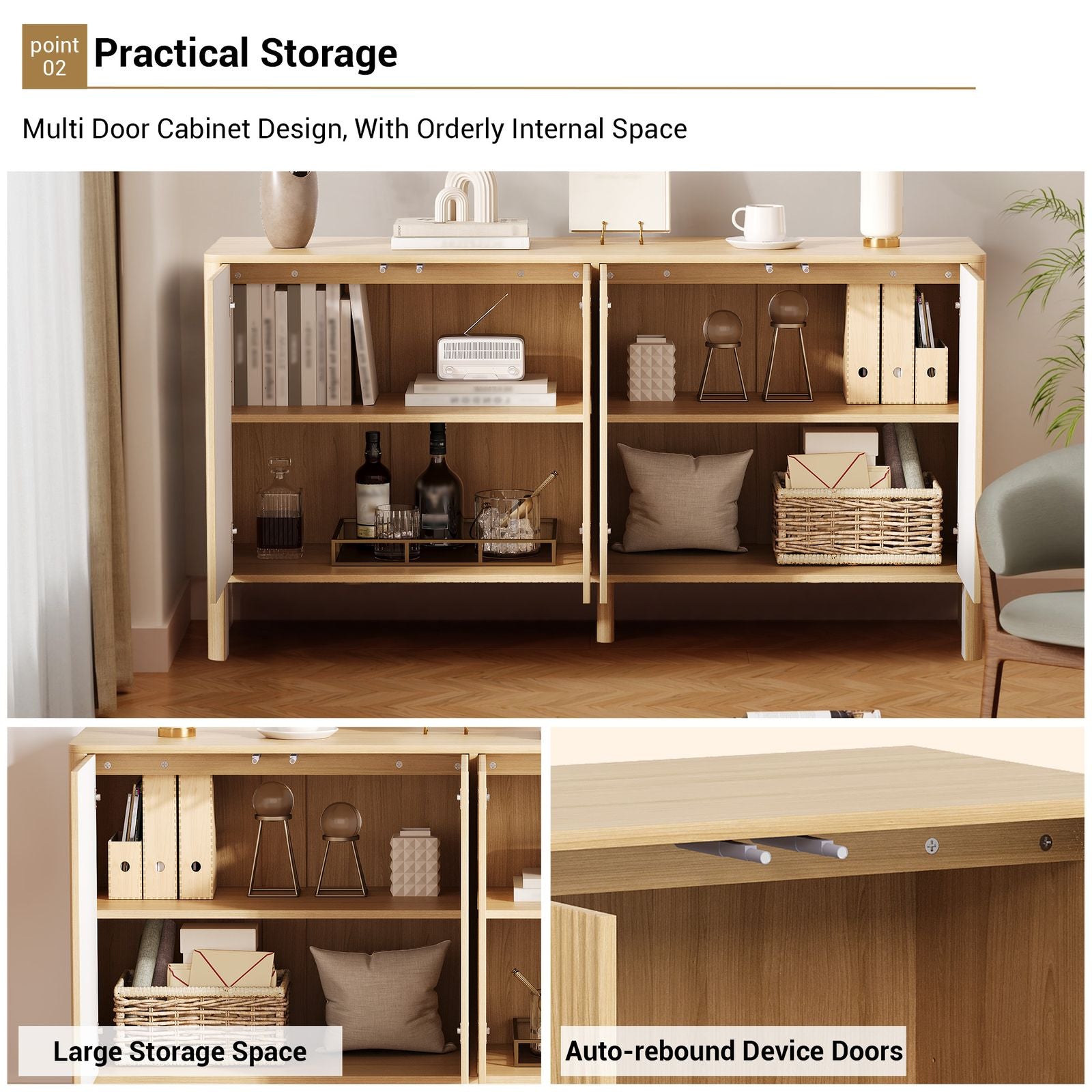 Modern Oak Wood Storage Cabinet with Fluted Doors & Adjustable Shelves - 58in Freestanding Buffet Credenza Suitable for Kitchen, Dining Room, Entryway, Coffee Bar Console Table, Multi-Functional Furniture for, Assembly Required, Christmas Decor