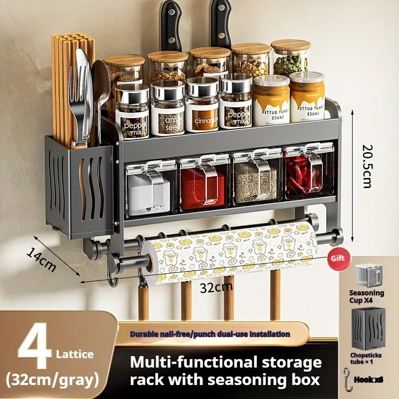 Multi-Functional No-Drill Wall-Mounted Kitchen Spice Rack-No Drilling Required, Includes Spoon Holder And Spice Storage Boxes-Versatile Kitchen Organizer for Home & Cooking Use, Utility Racks
