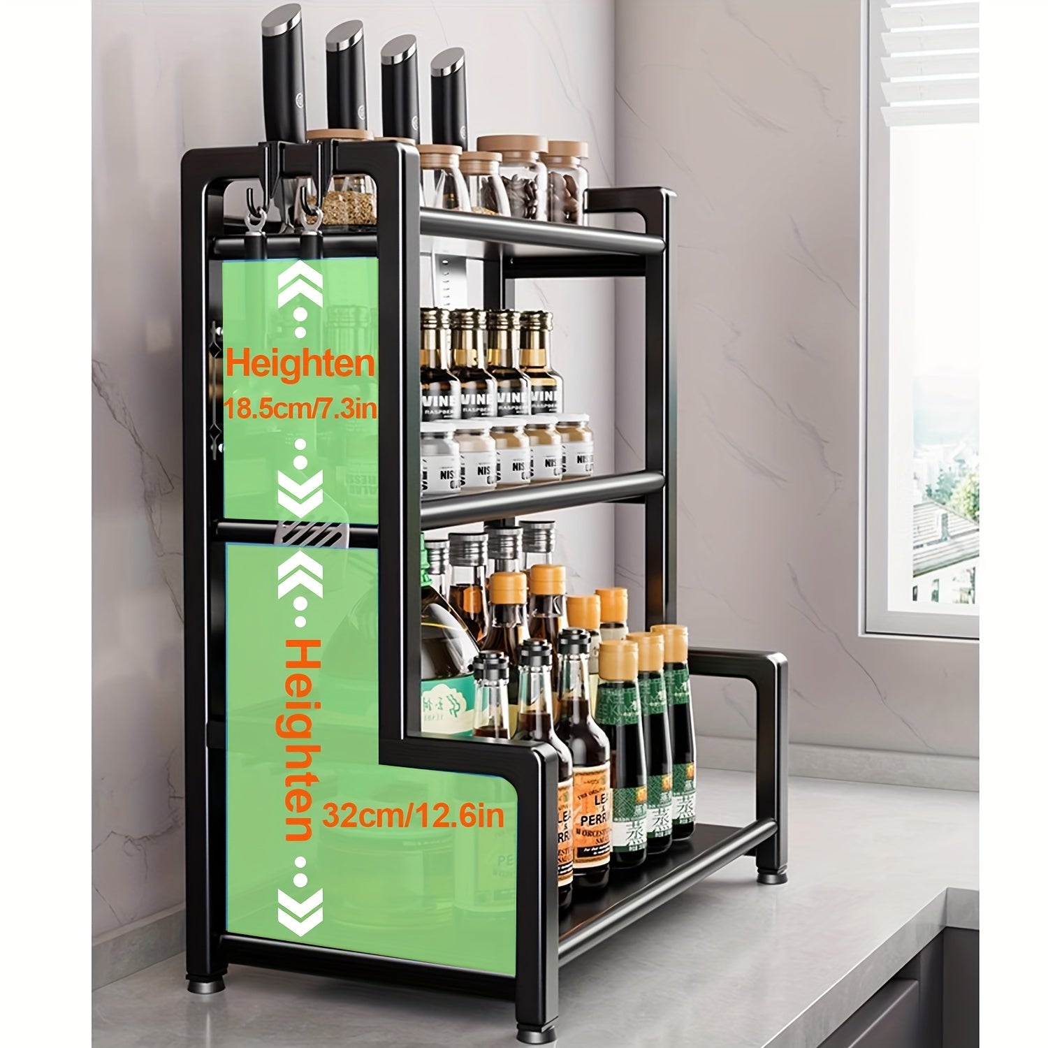 Multifunctional Metal Kitchen Storage Rack, Space-saving Kitchen Organizer with Cutting Board Holder for Storing Spices, Condiments and Chopping Knives, Easy to Assemble and Clean