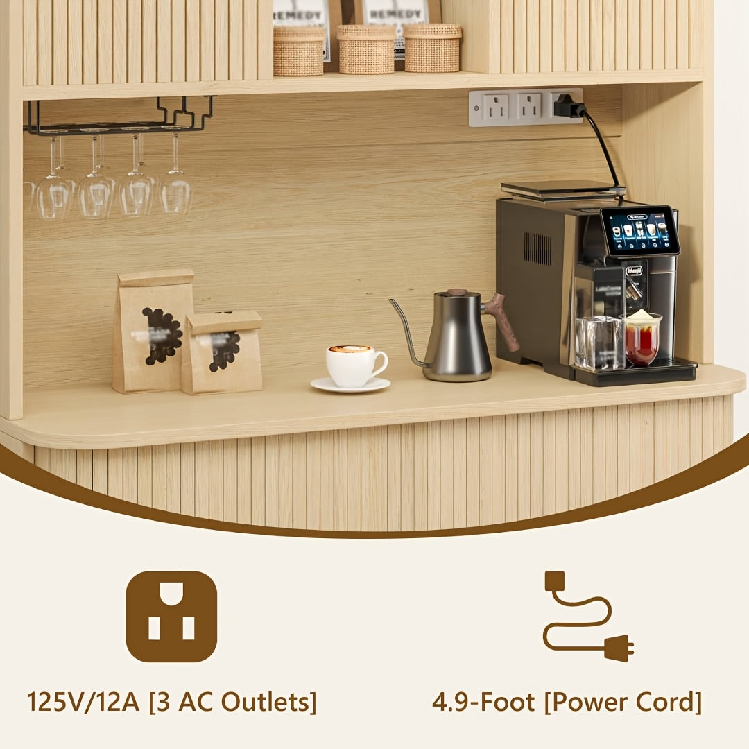 71'' Modern Kitchen Pantry Cabinet with Sliding Tambour Doors, Built-in Power Outlet & Adjustable Shelves - Heavy-Duty Freestanding Food Storage Cabinet with Wine Rack Suitable for Kitchen, Living Room, Buffet - \u002FMDF, Plug