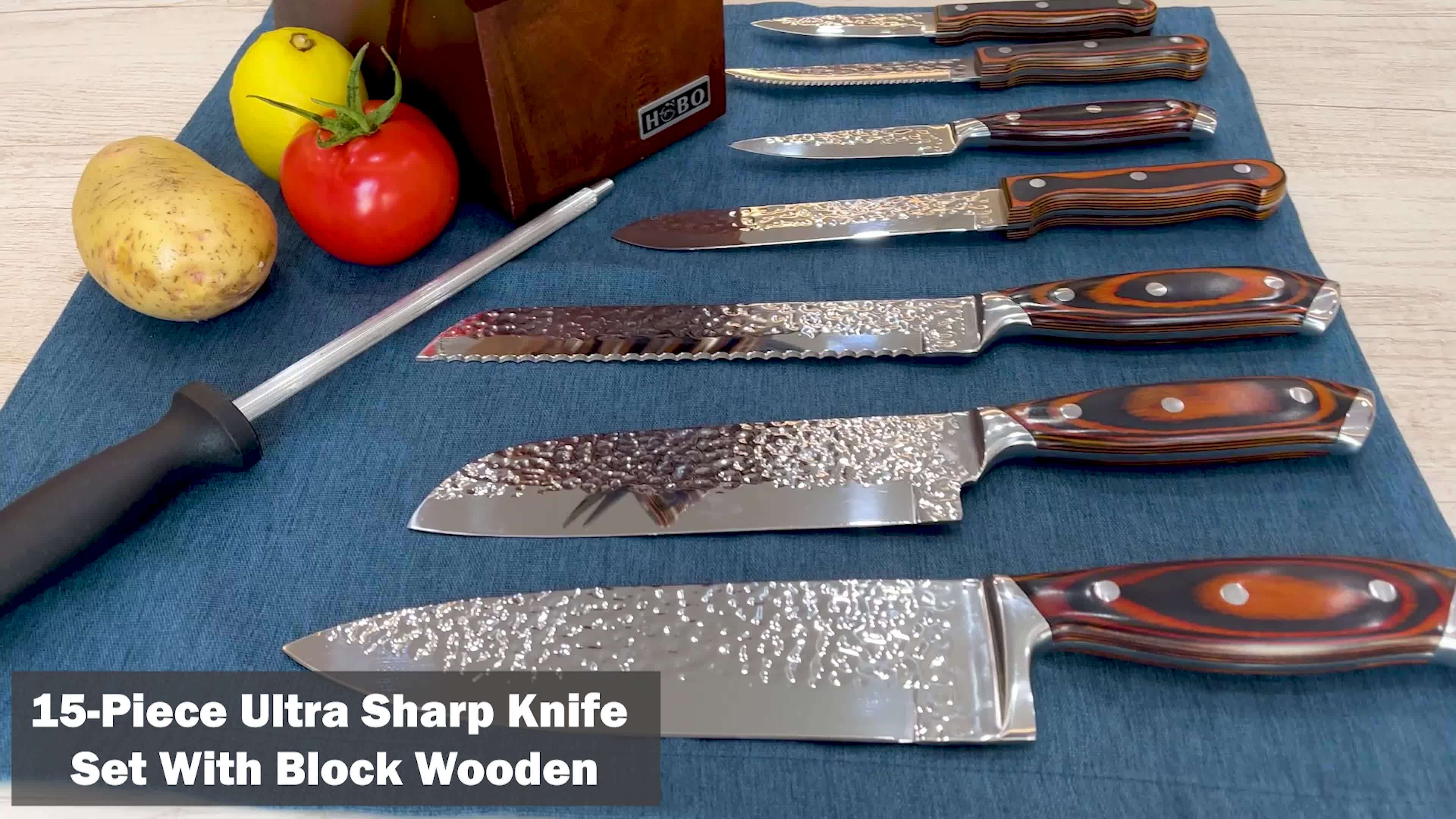 15pcs Professional Knife Collection for The Kitchen, Featuring Ultra-Sharp Blades And a Wooden Storage Block, Including a Chef'S Knife with a Sharpener, Medium Carbon Stainless Steel Hammered Knives, Steak Knives, And an Ideal Gift for Family.