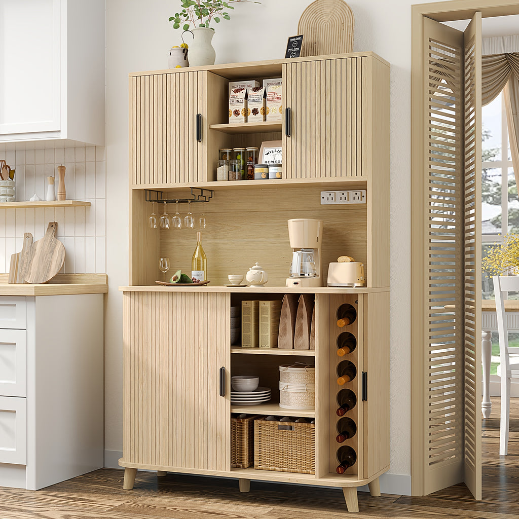 71'' Modern Kitchen Pantry Cabinet with Sliding Tambour Doors, Built-in Power Outlet & Adjustable Shelves - Heavy-Duty Freestanding Food Storage Cabinet with Wine Rack Suitable for Kitchen, Living Room, Buffet - \u002FMDF, Plug