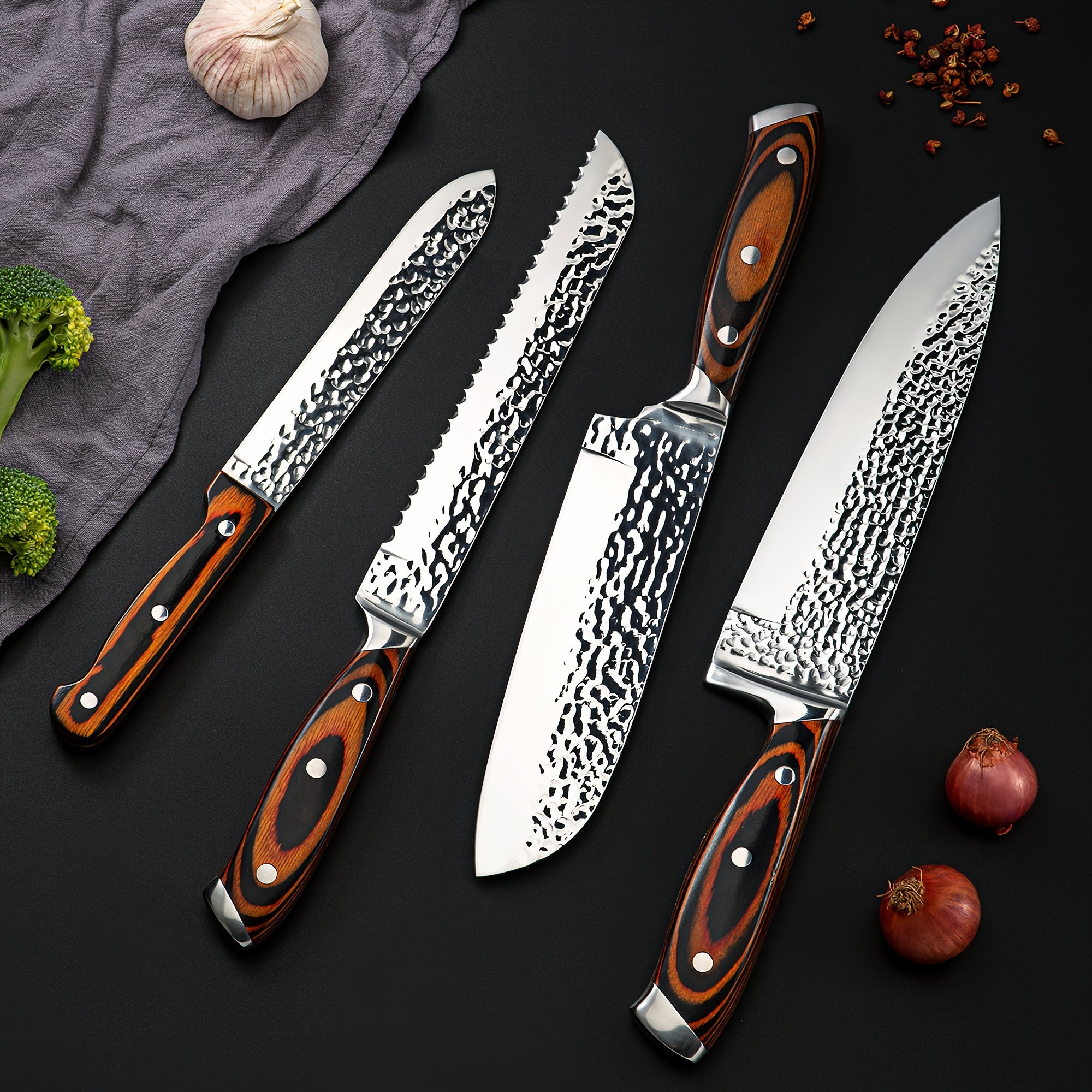 15pcs Professional Knife Collection for The Kitchen, Featuring Ultra-Sharp Blades And a Wooden Storage Block, Including a Chef'S Knife with a Sharpener, Medium Carbon Stainless Steel Hammered Knives, Steak Knives, And an Ideal Gift for Family.