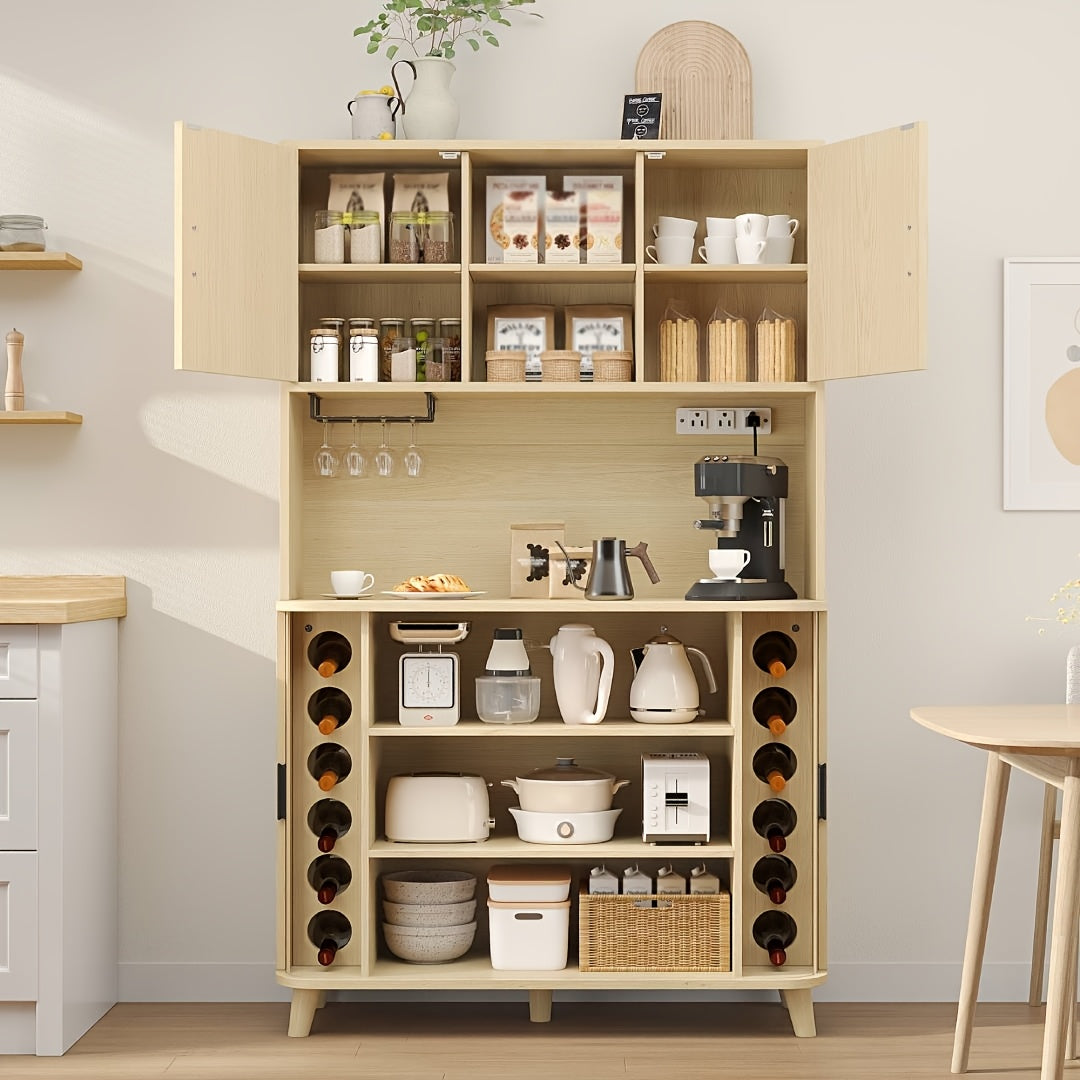 71'' Modern Kitchen Pantry Cabinet with Sliding Tambour Doors, Built-in Power Outlet & Adjustable Shelves - Heavy-Duty Freestanding Food Storage Cabinet with Wine Rack Suitable for Kitchen, Living Room, Buffet - \u002FMDF, Plug