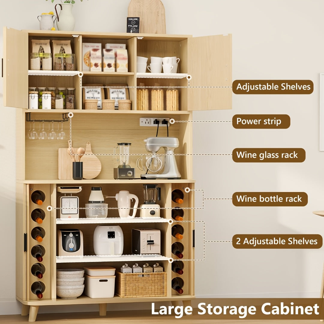 71'' Modern Kitchen Pantry Cabinet with Sliding Tambour Doors, Built-in Power Outlet & Adjustable Shelves - Heavy-Duty Freestanding Food Storage Cabinet with Wine Rack Suitable for Kitchen, Living Room, Buffet - \u002FMDF, Plug