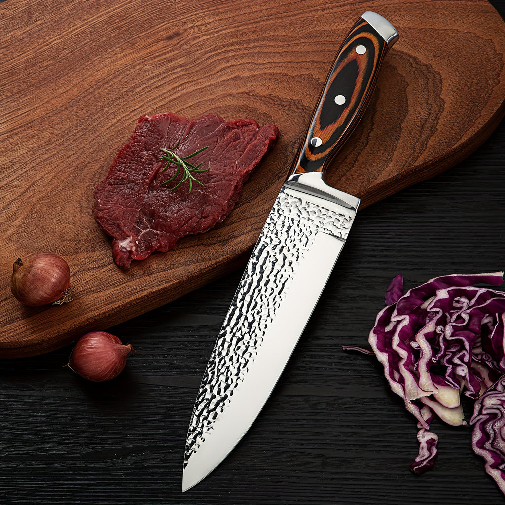 15pcs Professional Knife Collection for The Kitchen, Featuring Ultra-Sharp Blades And a Wooden Storage Block, Including a Chef'S Knife with a Sharpener, Medium Carbon Stainless Steel Hammered Knives, Steak Knives, And an Ideal Gift for Family.
