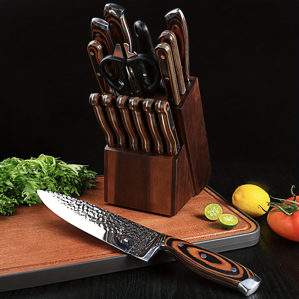 15pcs Professional Knife Collection for The Kitchen, Featuring Ultra-Sharp Blades And a Wooden Storage Block, Including a Chef'S Knife with a Sharpener, Medium Carbon Stainless Steel Hammered Knives, Steak Knives, And an Ideal Gift for Family.