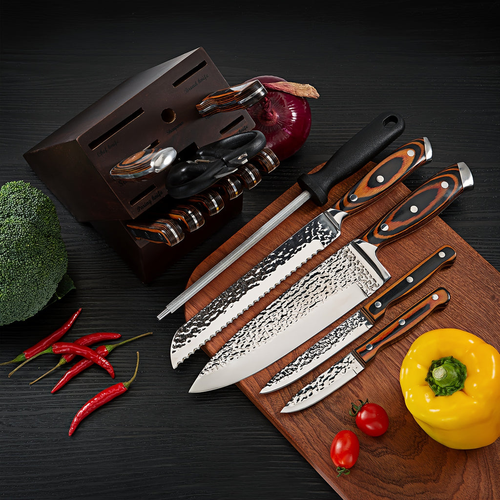 15pcs Professional Knife Collection for The Kitchen, Featuring Ultra-Sharp Blades And a Wooden Storage Block, Including a Chef'S Knife with a Sharpener, Medium Carbon Stainless Steel Hammered Knives, Steak Knives, And an Ideal Gift for Family.